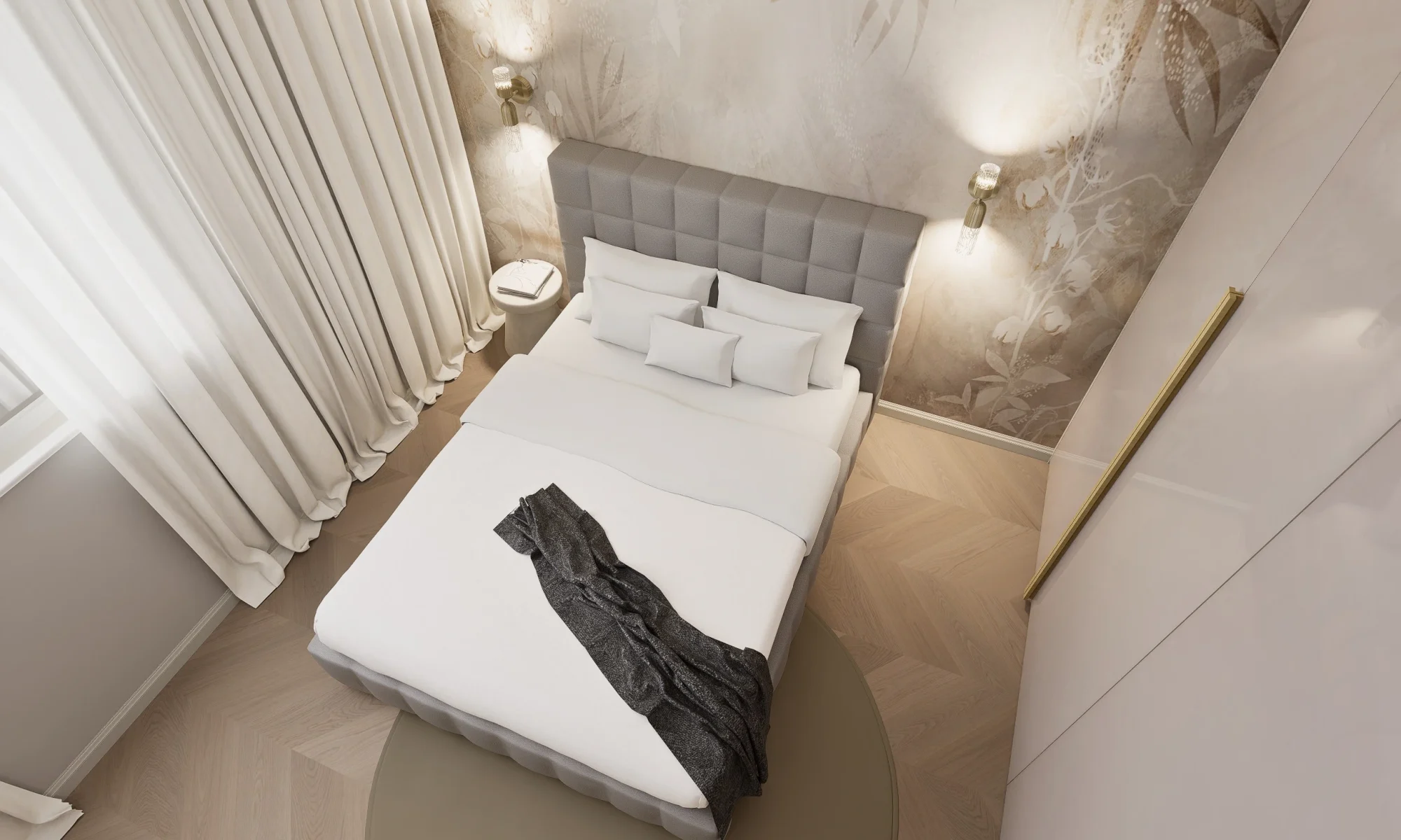 3d vizualizacija / 3d render spavaće sobe u Zagrebu. Nježni, topli tonovi, mekani materijali i teksture. Pogled odozgo