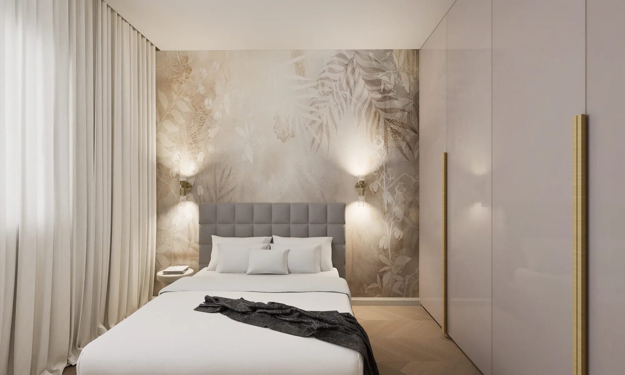 3d vizualizacija / 3d render spavaće sobe u Zagrebu. Nježni, topli tonovi, mekani materijali i teksture