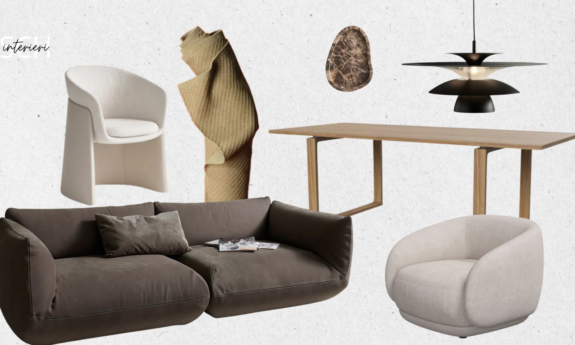 Mood board interieri.SCH koji sadrži sliku fotelje, stolice, tepiha, kauča, lustera i blagovaonskog stola. Sve u prirodnim materijalima i toplim zemljanim tonovima.