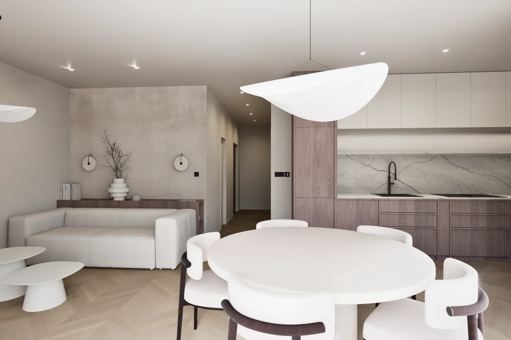 Dizajn interijera stana u Trogiru - elegantni bezvremenski dizajn kuhinje i dnevnog boravka u zemljanim tonovima. Prostor koji opušta i smiruje.