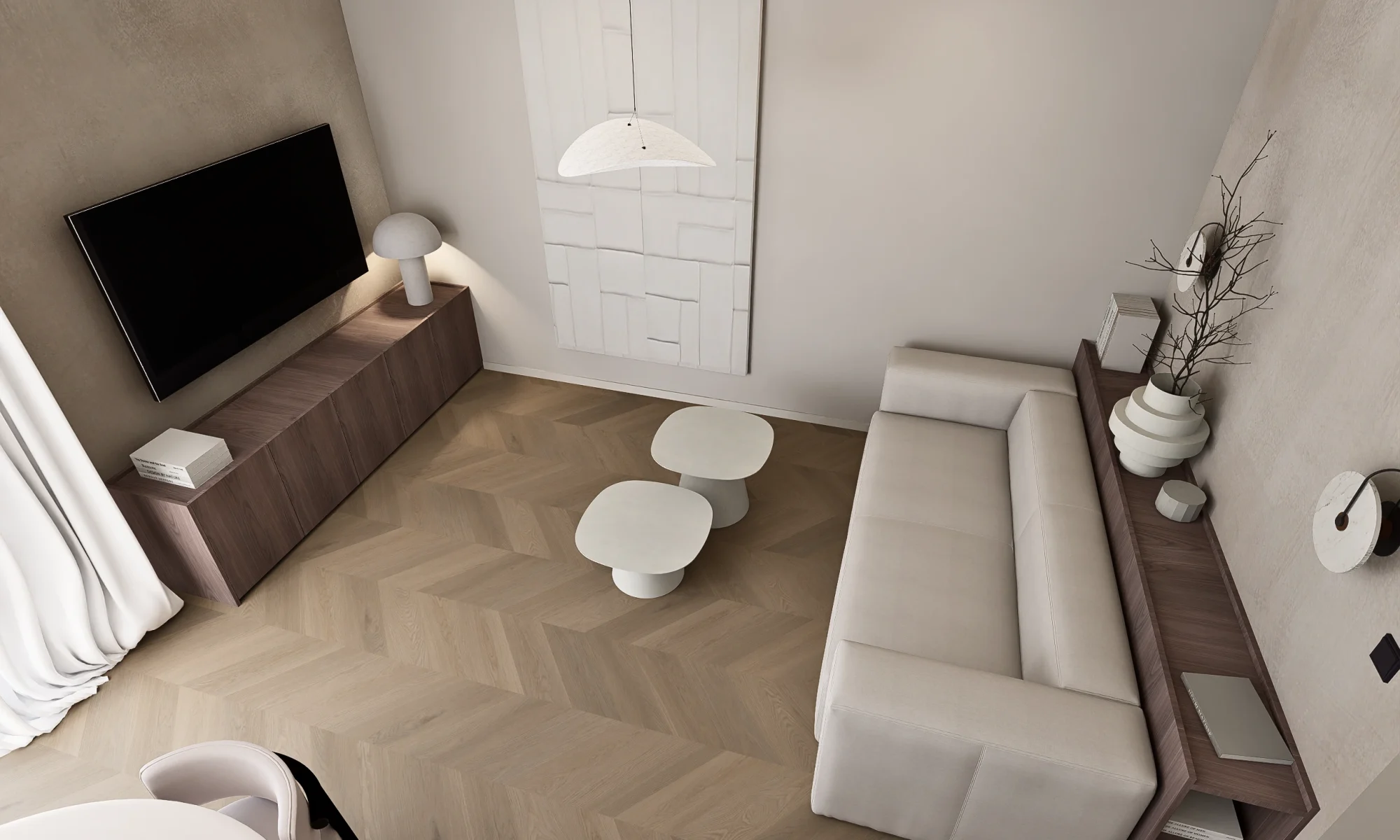 Dizajn interijera stana u Trogiru - elegantni bezvremenski dizajn kuhinje i dnevnog boravka u zemljanim tonovima. Prostor koji opušta i smiruje.