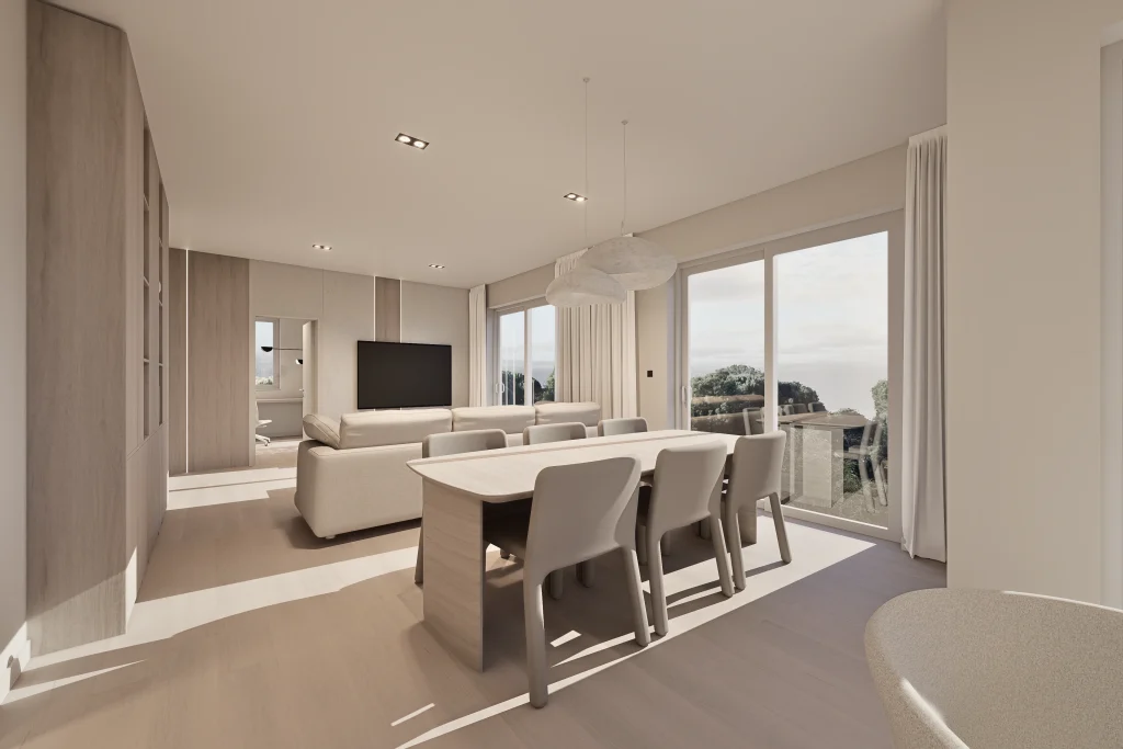 Dizajn interijera i 3D vizualizacije open space prostora u kojem je smješten veliki dnevni boravak, blagovaona i kuhinja, sve u neutralnim nijansama koje smiruju i daj osjećaj sigurnosti.