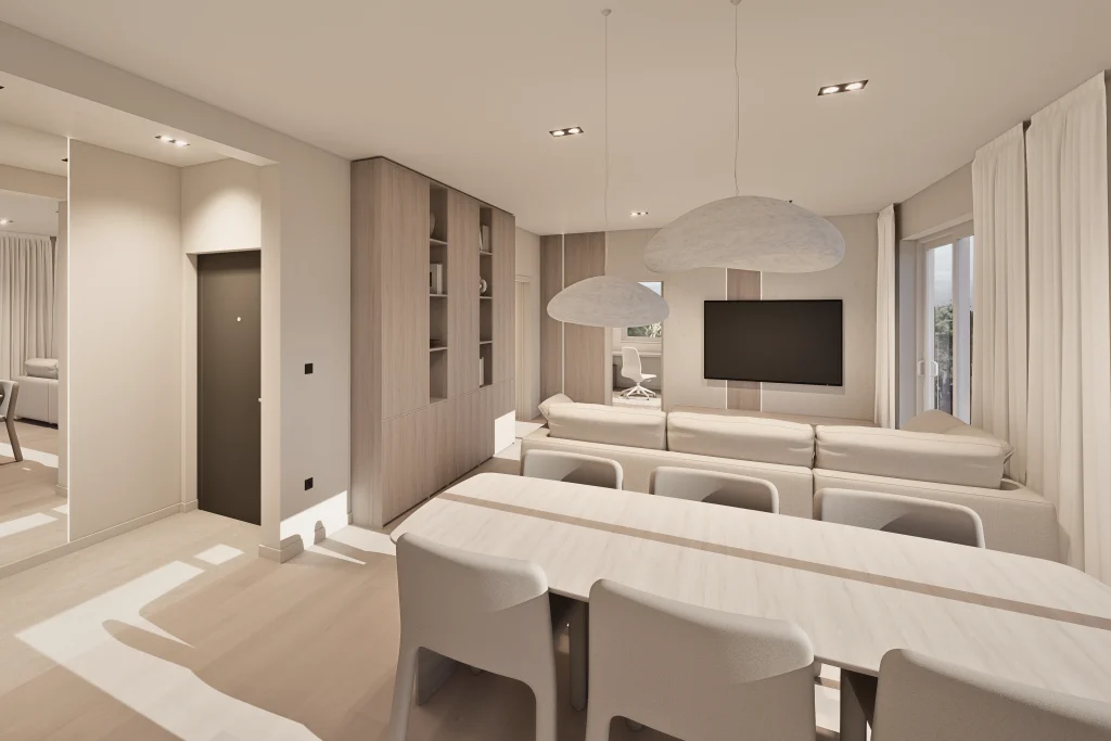 Dizajn interijera prostranog open space prostora koji se sastoji od kuhinje, blagovaonice i dnevnog boravka iz kojeg se ulazi u radnu sobu i dalje u dio stana gdje borave djeca.