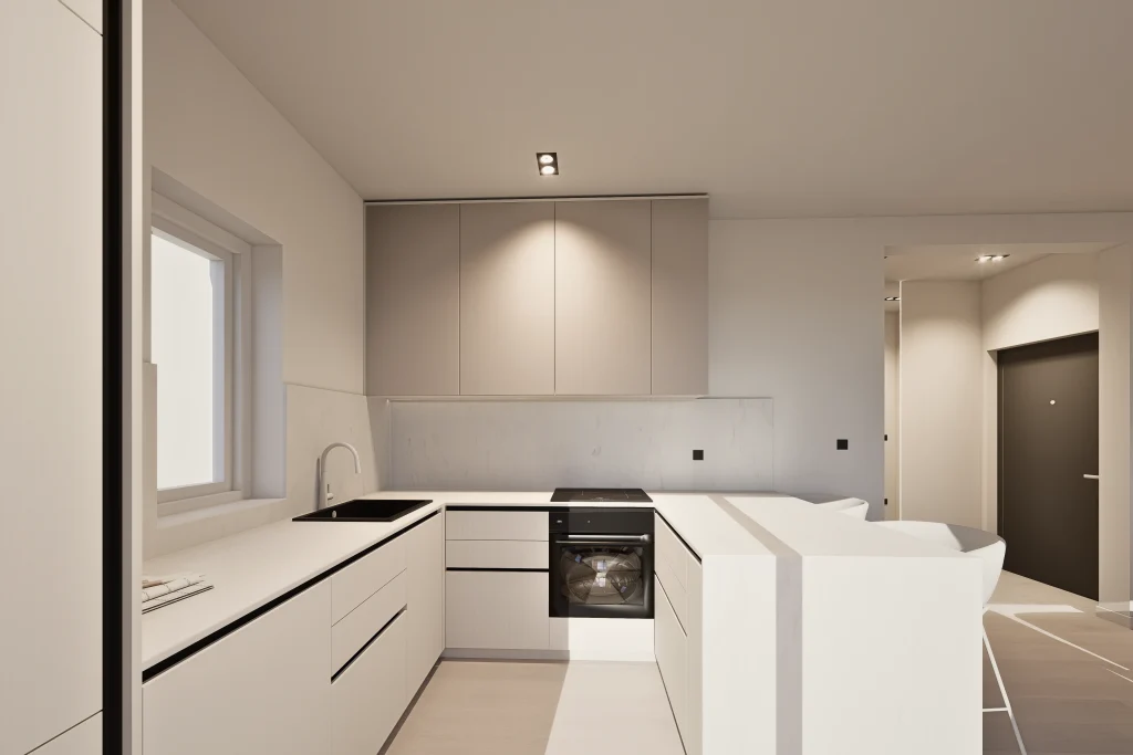 Dizajn interijera i 3D vizualizacije open space prostora u kojem je smješten veliki dnevni boravak, blagovaona i kuhinja. Fokus na kuhinji.