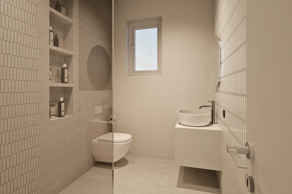 Dizajn i 3D vizualizacija kupaonice koja je dio dječje zone u stanu. Zadržali smo neutralne nijanse pločica kako prostor ne bi ododarao od ostatka stana, uz walk in tuš kadu.