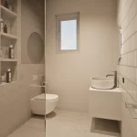 Dizajn i 3D vizualizacija kupaonice koja je dio dječje zone u stanu. Zadržali smo neutralne nijanse pločica kako prostor ne bi ododarao od ostatka stana, uz walk in tuš kadu.