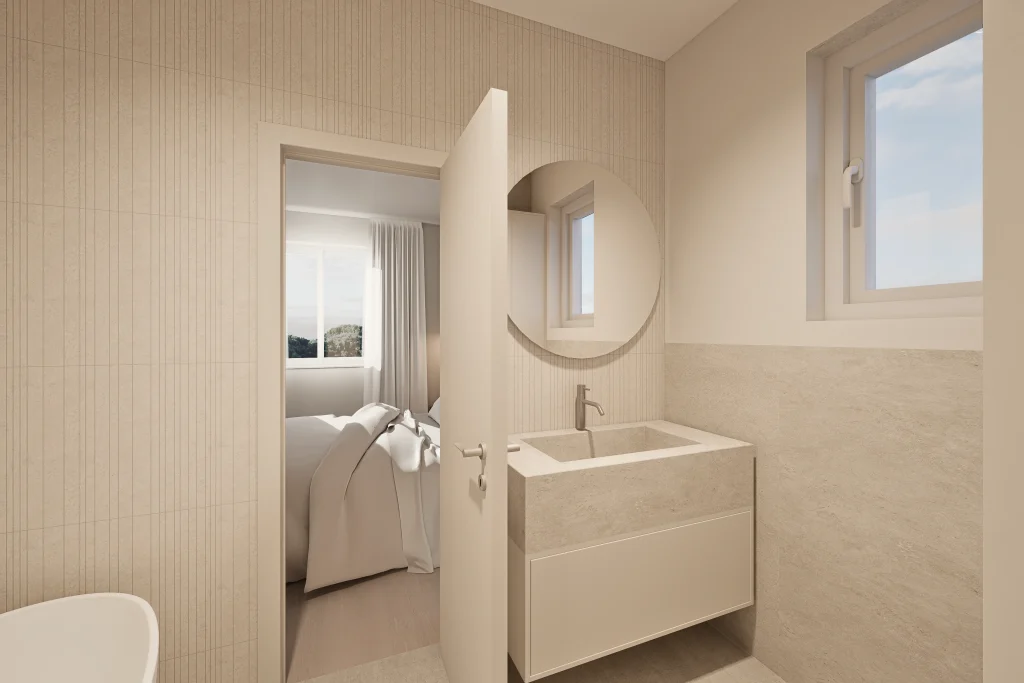 Dizajn i 3D vizualizacija kupaonice u koju se ulazi iz master spavaće sobe, s custom made umivaonikom koji je izrađen od iste keramike kao i ostatak kupaonice, kako bi svi elementi bili dio jedne veće zaokružene priče.