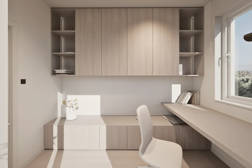 Dizajn i 3D vizualizacija radne sobe. Velika staklena klizna vrata koja vode na terasu omogućuju pregršt svjetlosti, dok sve to prate umirujuće nijanse svjetlog drva i bež lakiranog medijapana.