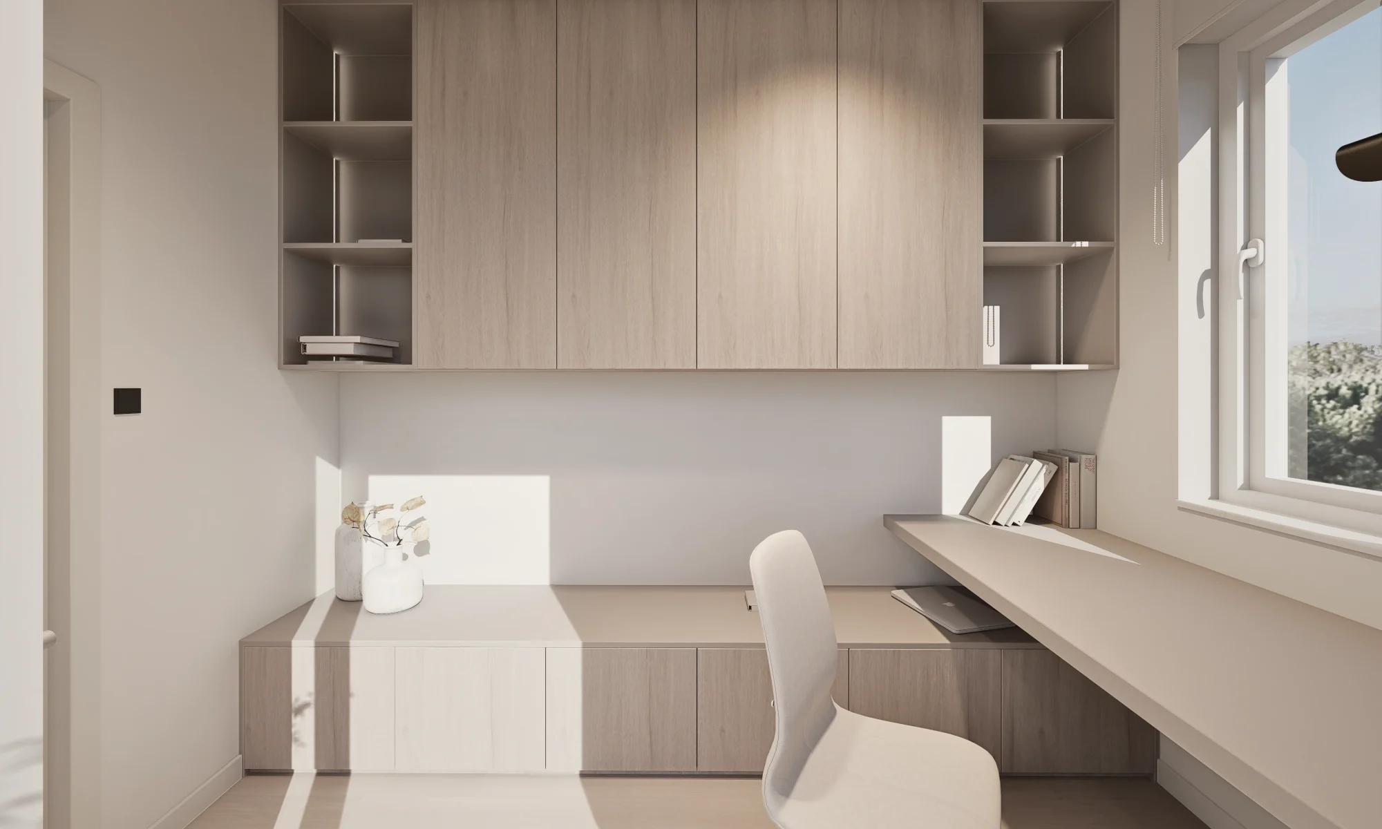 Dizajn i 3D vizualizacija radne sobe. Velika staklena klizna vrata koja vode na terasu omogućuju pregršt svjetlosti, dok sve to prate umirujuće nijanse svjetlog drva i bež lakiranog medijapana.