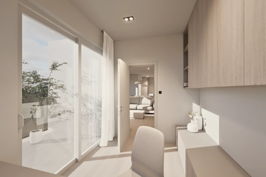 Dizajn i 3D vizualizacija radne sobe. Velika staklena klizna vrata koja vode na terasu omogućuju pregršt svjetlosti, dok sve to prate umirujuće nijanse svjetlog drva i bež lakiranog medijapana.