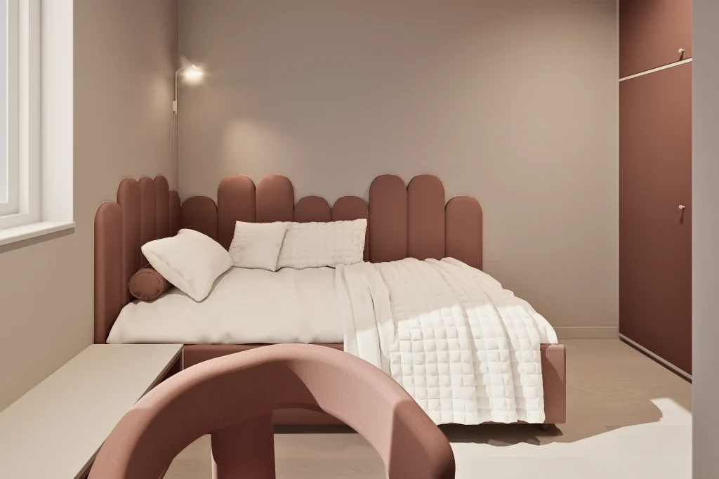 Dizajn interijera i 3D vizualizacija dječje sobe. Ova soba za djevojčicu pravi je primjer kako detalji u dizajnu interijera čine razliku. Iako je riječ o 3D vizualizacijama interijera, a ne o realiziranom projektu, danas je zaista moguće ovako precizno uskladiti boju fronti ormara s krevetom i stolicom, bilo da se ormar prilagođava krevetu i stolici ili obrnuto. U ovom projektu fronte ormara bile su polazna točka, a krevet i stolica bit će izrađeni po narudžbi kako bi soba dobila zaokruženu i osobnu priču.