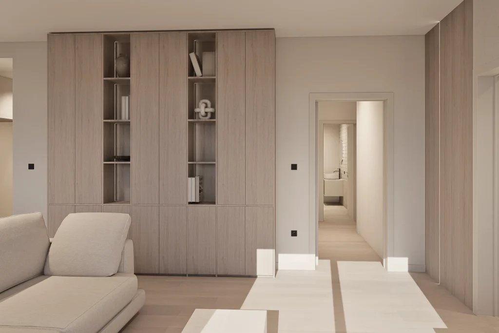 Dizajn interijera i 3D vizualizacije open space prostora u kojem je smješten veliki dnevni boravak, blagovaona i kuhinja, sve u neutralnim nijansama koje smiruju i daj osjećaj sigurnosti.
