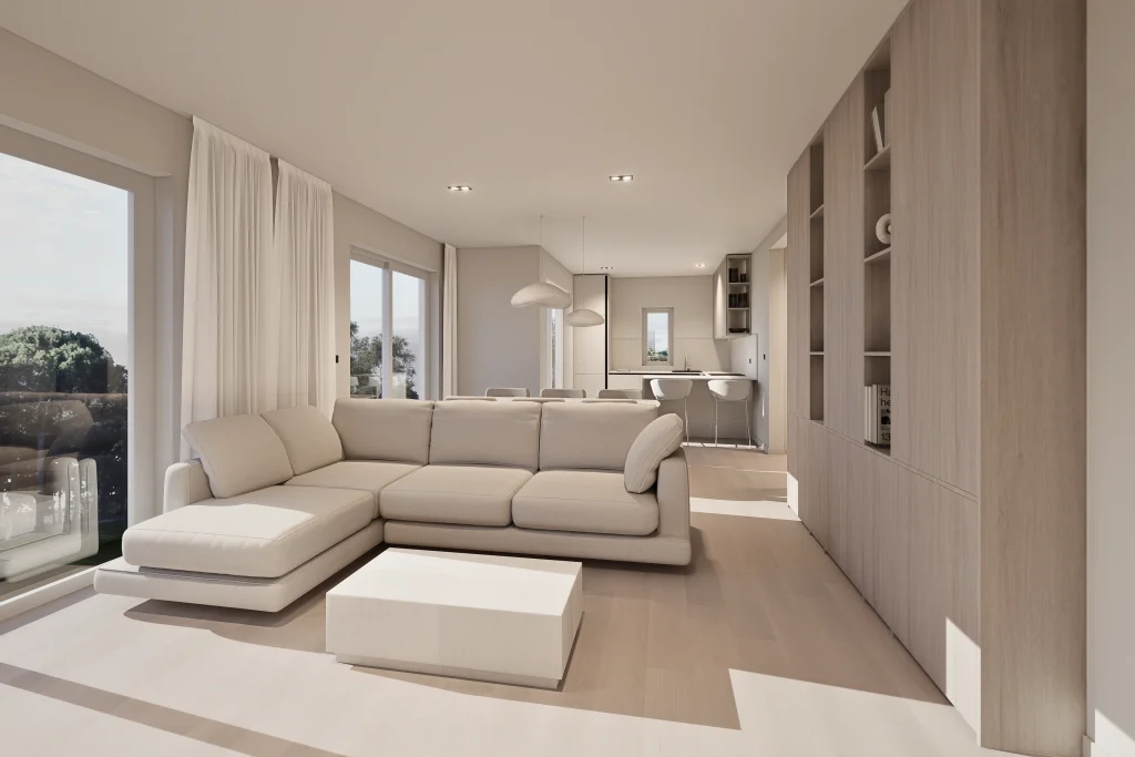 Dizajn interijera i 3D vizualizacije open space prostora u kojem je smješten veliki dnevni boravak, blagovaona i kuhinja, sve u neutralnim nijansama koje smiruju i daj osjećaj sigurnosti.