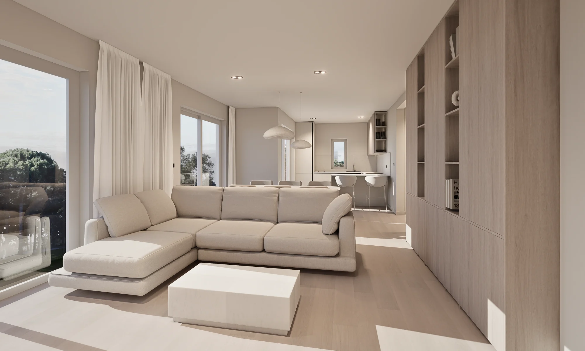Dizajn interijera i 3D vizualizacije open space prostora u kojem je smješten veliki dnevni boravak, blagovaona i kuhinja, sve u neutralnim nijansama koje smiruju i daj osjećaj sigurnosti.
