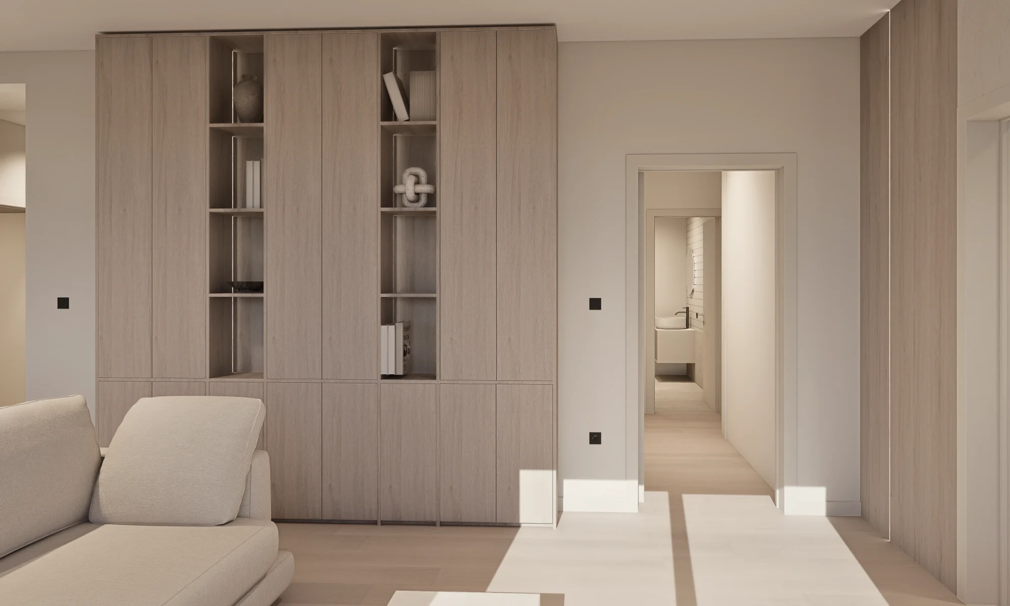 Dizajn interijera i 3D vizualizacije open space prostora u kojem je smješten veliki dnevni boravak, blagovaona i kuhinja, sve u neutralnim nijansama koje smiruju i daj osjećaj sigurnosti.