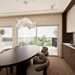 Dizajn interijera stana u Zagrebu. Kuhinja i balgovaona u prirodnim tonovima i materijalima za topao interijer.