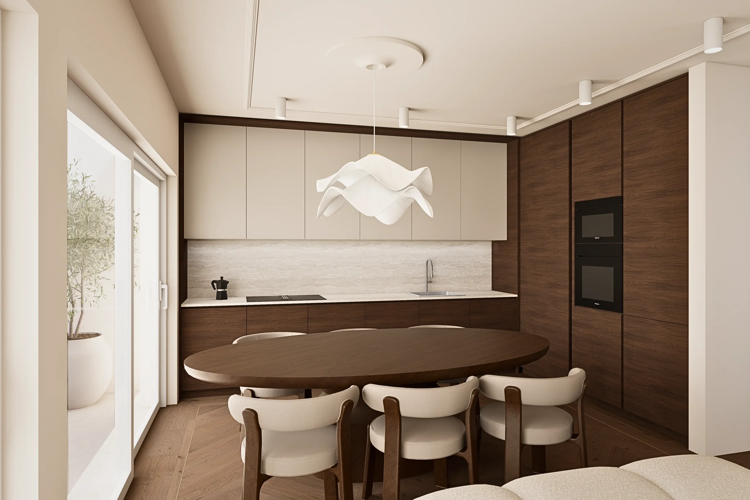 Dizajn interijera stana u Zagrebu. Kuhinja i balgovaona u prirodnim tonovima i materijalima za topao interijer. Uz 3D vizualizacije doživite svoj prostor prije početka radova.