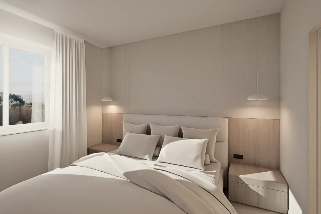 Master spavaća soba s garderobom i vlastitom kupaonicom -prostor kojeg se ne bi posramio niti luksuzni hotel. Ovaj spavaći dio pametnim je planiranjem tlocrta odvojen od ostatka stana i to ne samo kao spavaća soba, već kao cjelina koja spaja odmor, opuštanje i pohranu. Uz prostrani krevet i ormar u glavnom dijelu, prostor skriva i walk-in garderobu te vlastitu kupaonicu sa samostojećom kadom, u kojoj si možete priuštiti mirne trenutke nakon napornog dana.