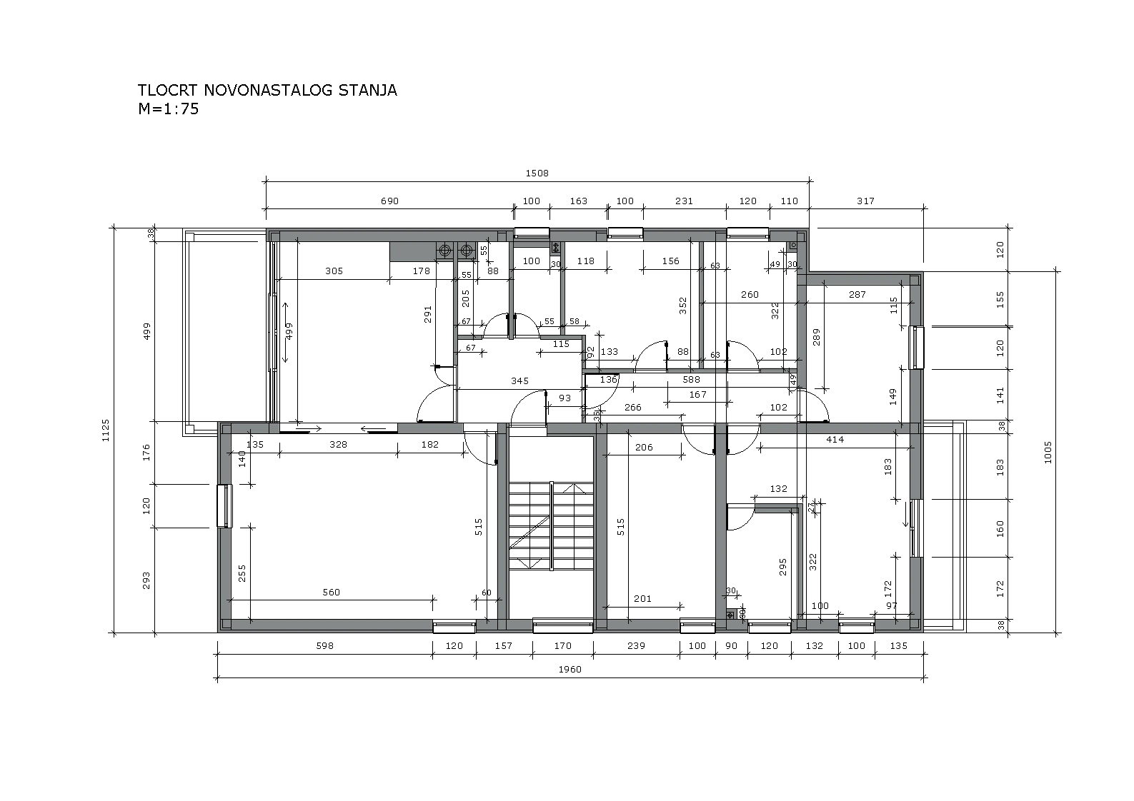 Tlocrt novonastalog stanja prilikom dizajna interijera stana za četveročlanu obitelj u Zagrebu