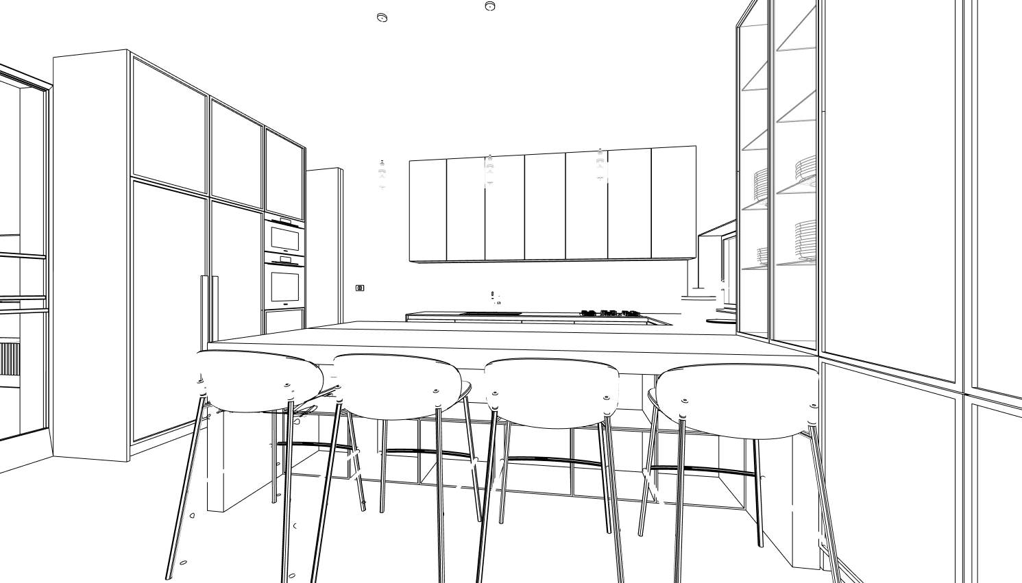 Crno bijeli prikaz kuhinje iz projekta dizajna interijera stana za četveročlanu obitelj u Zagrebu.