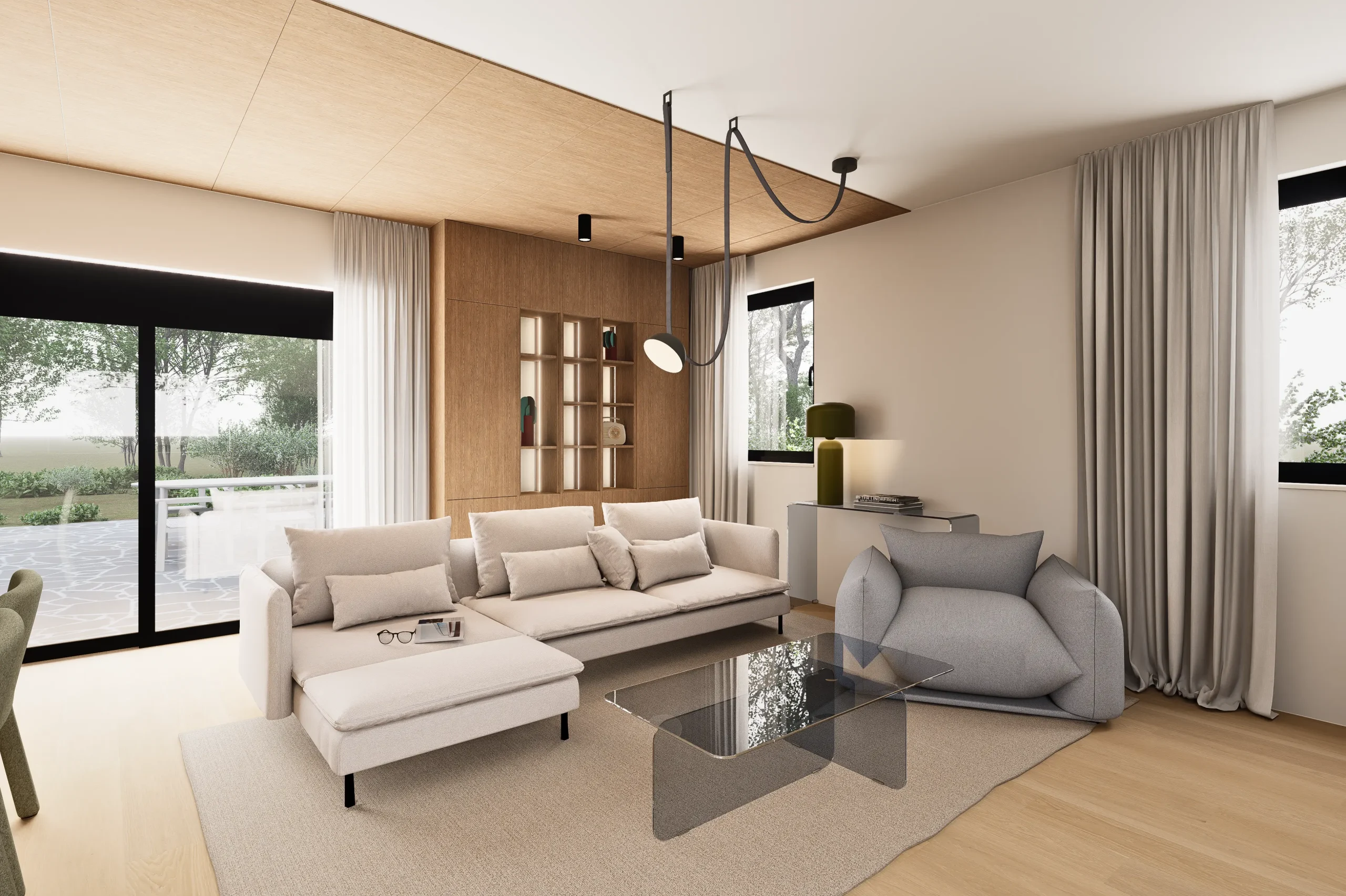 Dnecni boravak primzemnice u nježnim bojama kutne sofe fotelje i tepiha te ormara sa aztvorenim i otvoremin policama u drvnom dekoru